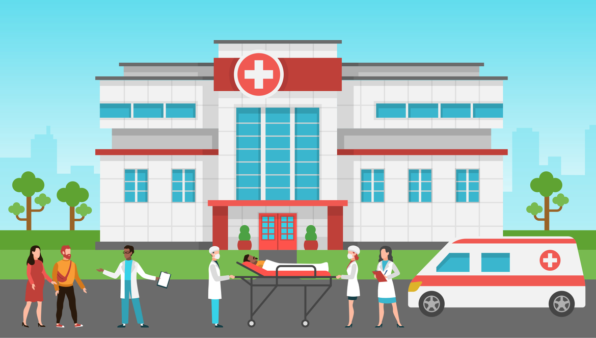 Hospital außen. Gesundheitszentrum. Notfalldienst, Krankenwagen, stationäre Patienten und Arzt.